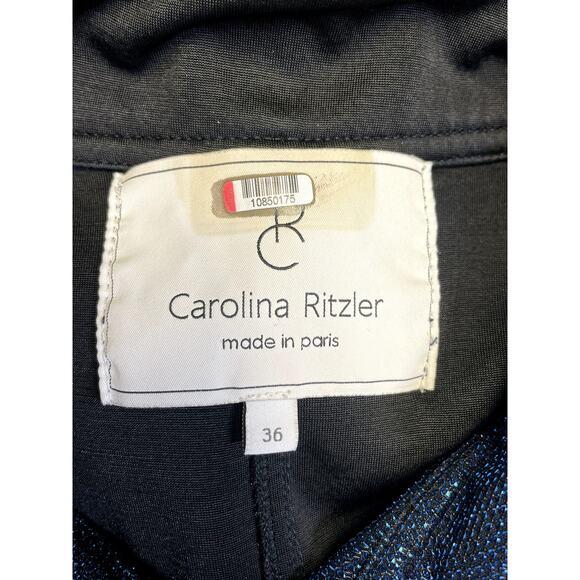 CAROLINA RITZLER Cap Sleeve Belted Metallic Jumpsuit Retro Blue Size 36 US 2 - Picture 6 of 11